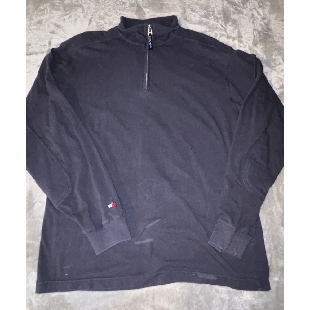 Tommy Hilfiger Navy Blue Pullover 1/4 Zip Mock Neck Elbow Patches